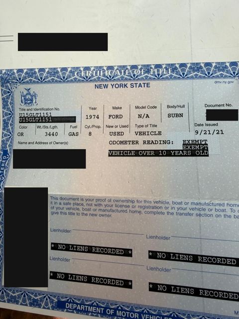 New York certificate of title, redacted